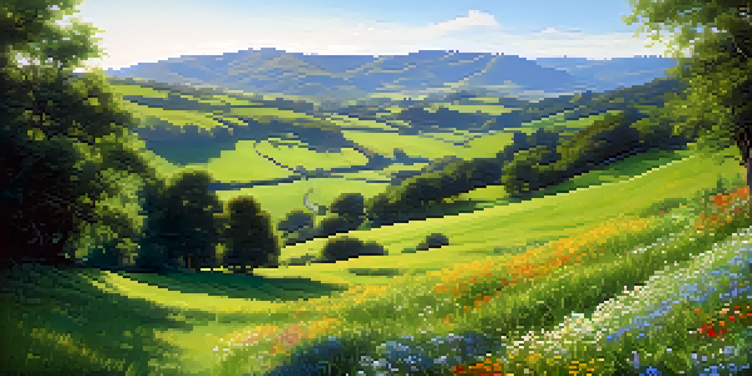 A peaceful green valley with a flowing stream and colorful wildflowers under a bright blue sky.