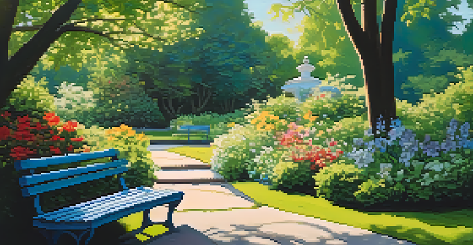 A peaceful garden with blooming flowers, tall trees, and a wooden bench under a bright blue sky.