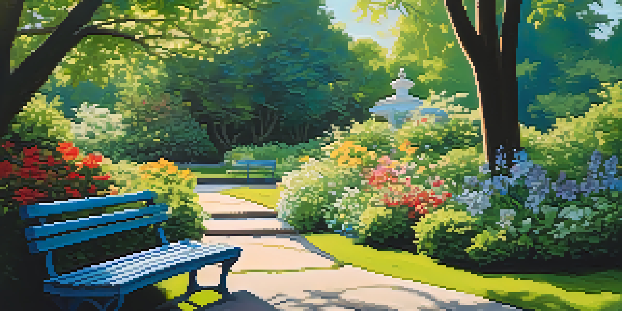 A peaceful garden with blooming flowers, tall trees, and a wooden bench under a bright blue sky.