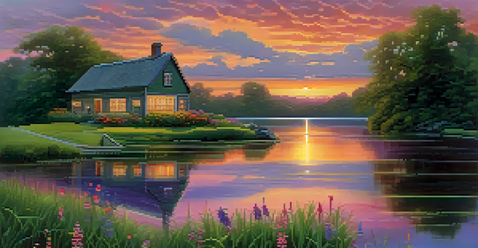 A peaceful scene of a cottage by a lake during sunset, with colorful reflections in the water and green grass in the foreground.