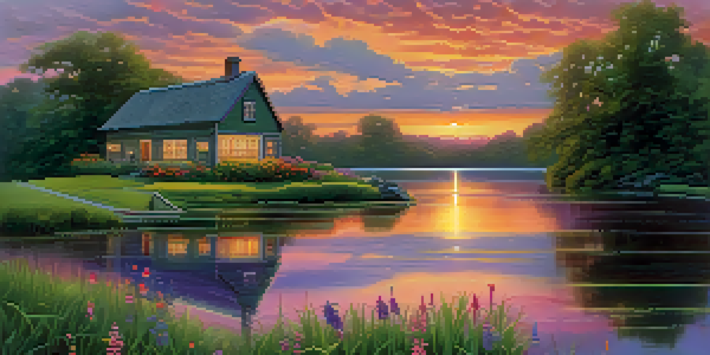 A peaceful scene of a cottage by a lake during sunset, with colorful reflections in the water and green grass in the foreground.