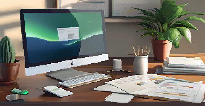 A cozy home office with a wooden desk, tax documents, a laptop, and a potted plant under soft warm lighting.