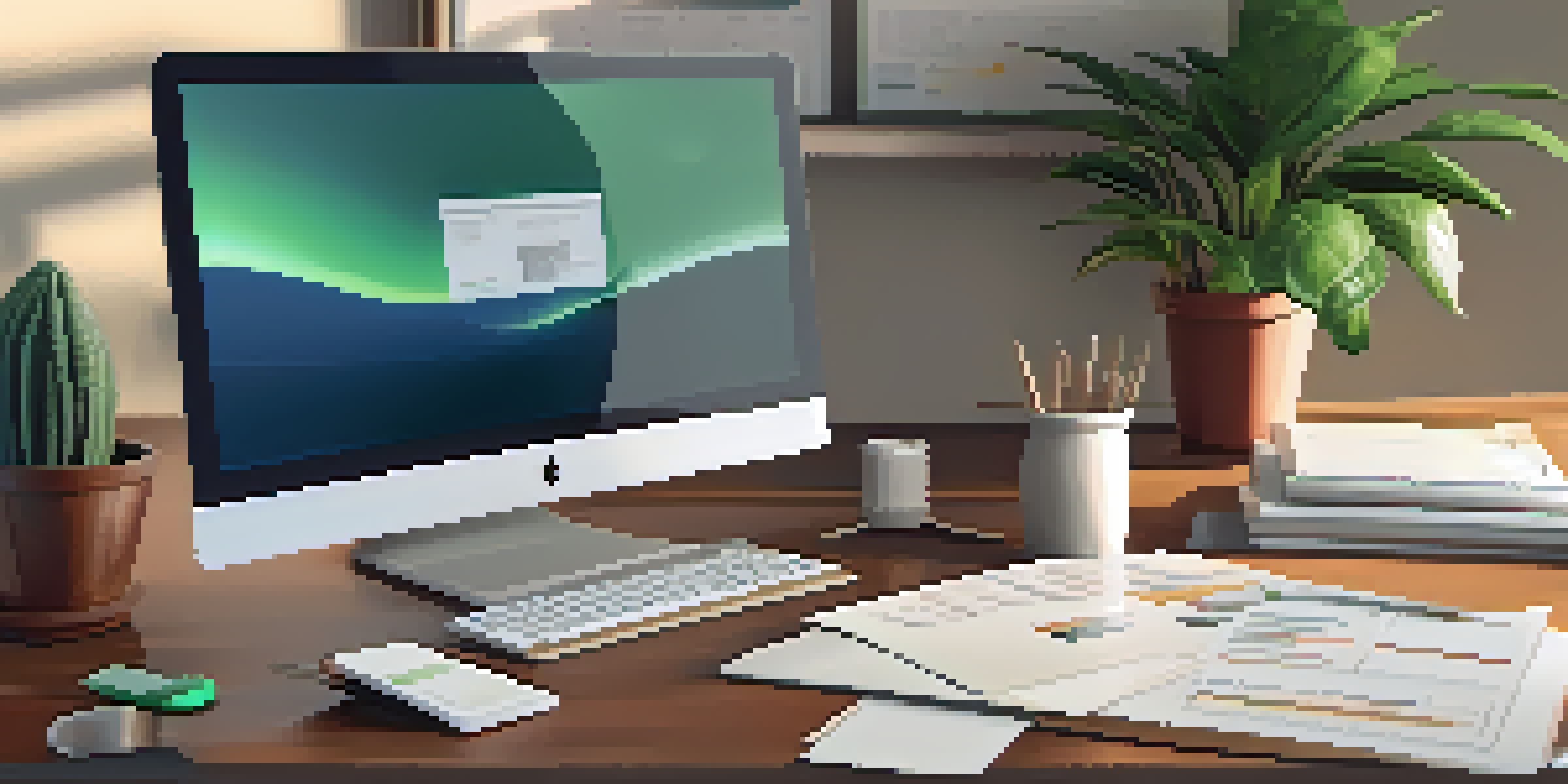 A cozy home office with a wooden desk, tax documents, a laptop, and a potted plant under soft warm lighting.