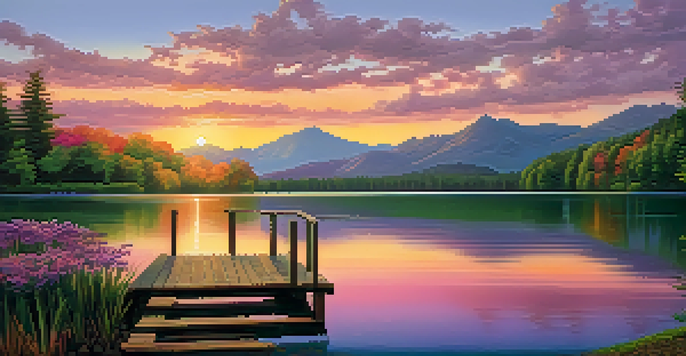 A peaceful sunset over a lake with vibrant colors reflecting on the water, surrounded by trees and mountains.