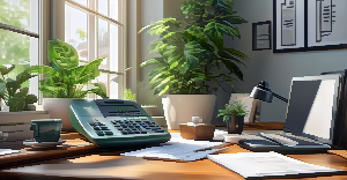 An office desk with a laptop, calculator, and coffee cup, illuminated by natural light from a window, surrounded by plants.