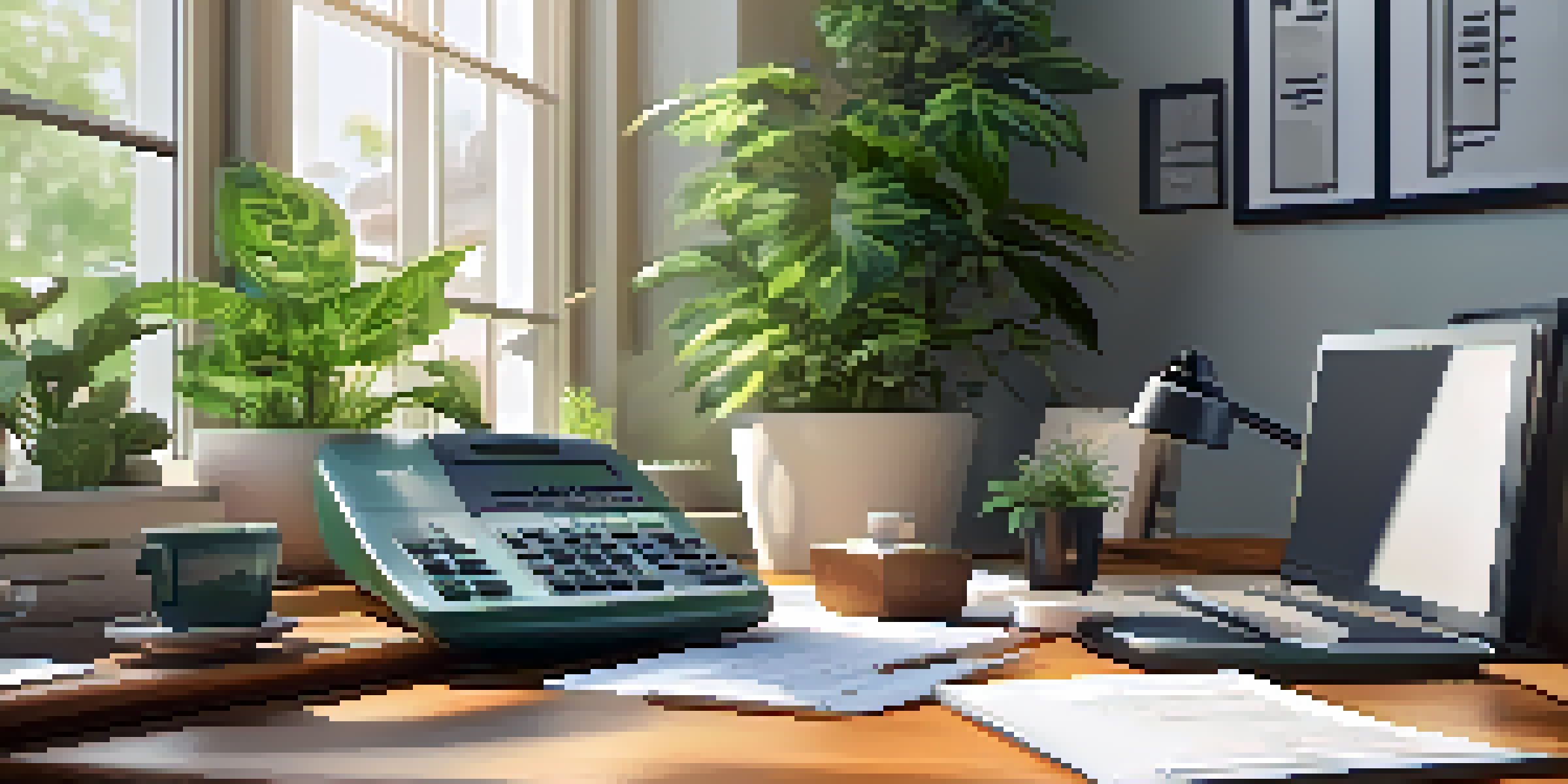 An office desk with a laptop, calculator, and coffee cup, illuminated by natural light from a window, surrounded by plants.