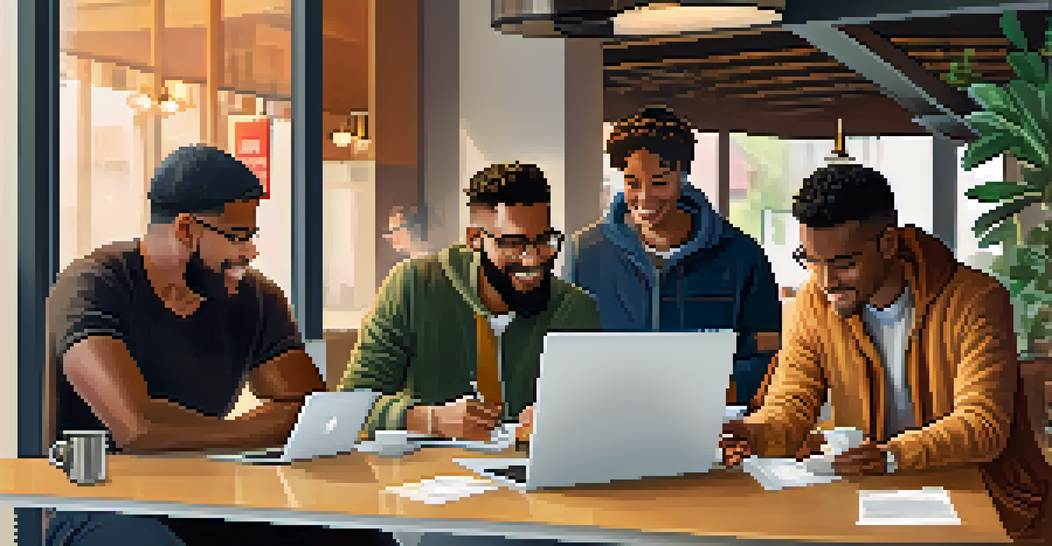 A diverse group of small business owners working together in a cafe, discussing e-commerce strategies with laptops and papers on the table.
