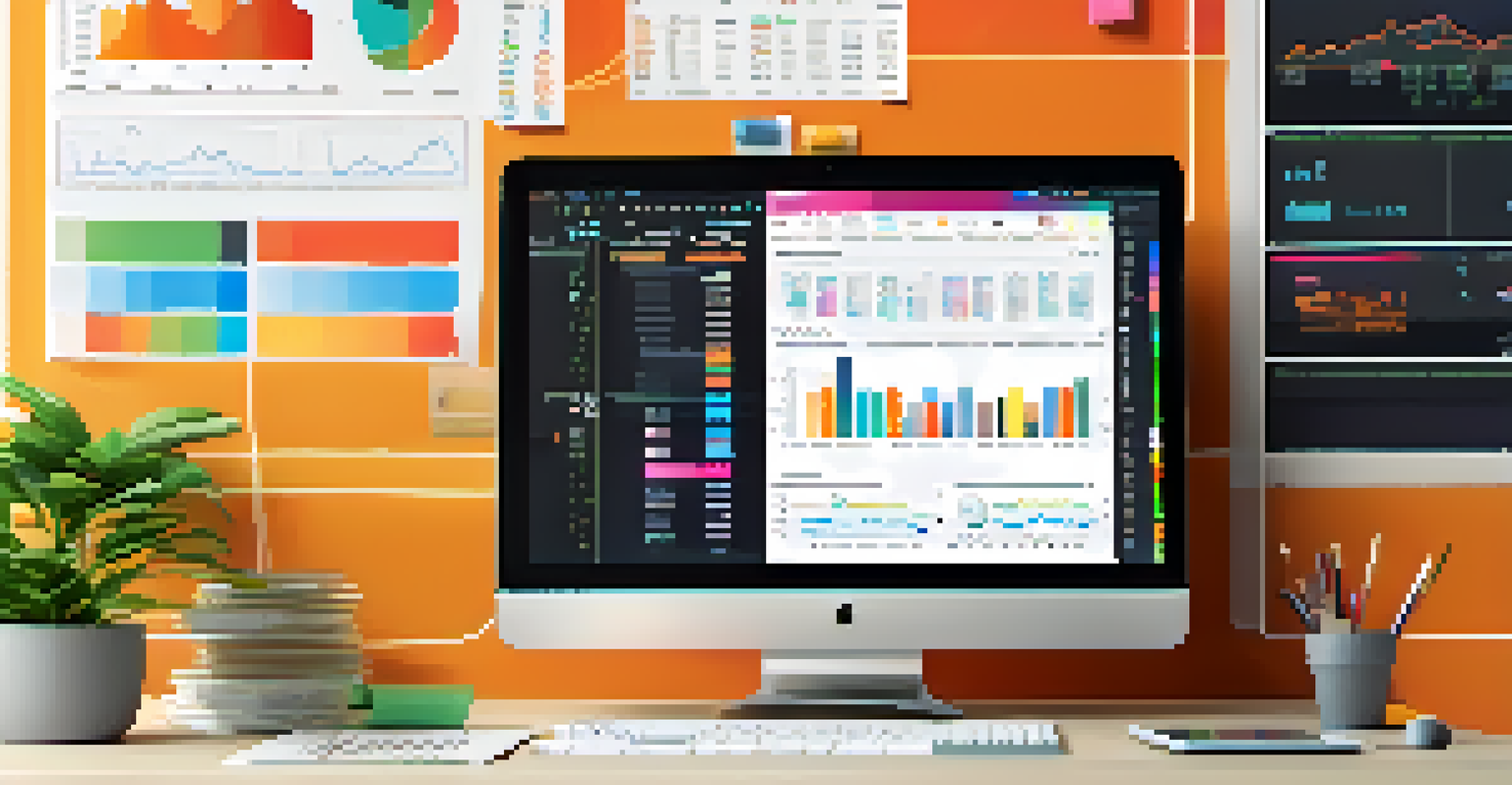An organized workspace with a computer displaying tax software interface, colorful charts, notes, and a potted plant.