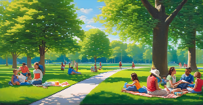 A diverse group of parents and children in a park, playing and enjoying a sunny day with greenery and flowers.