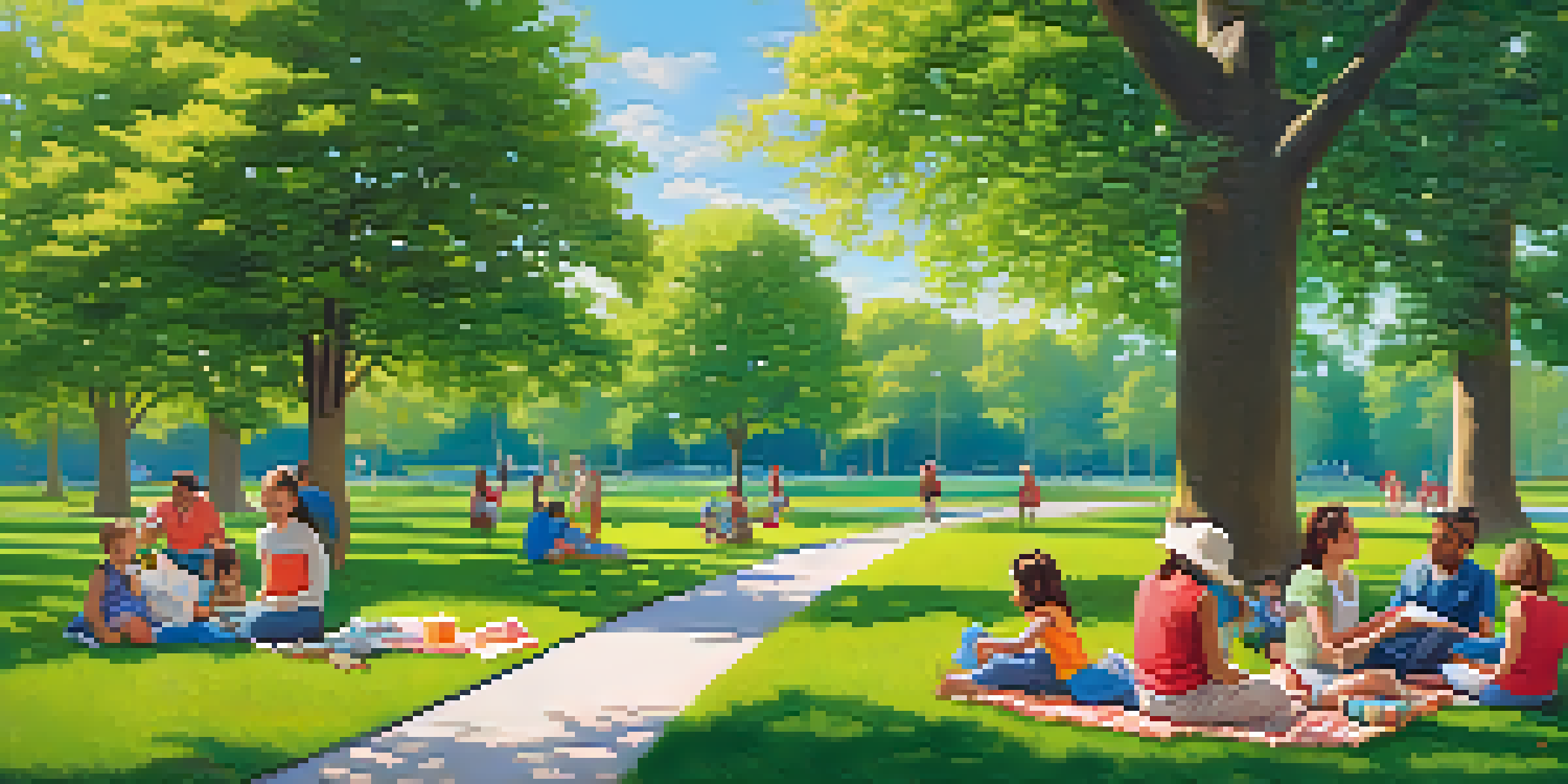 A diverse group of parents and children in a park, playing and enjoying a sunny day with greenery and flowers.