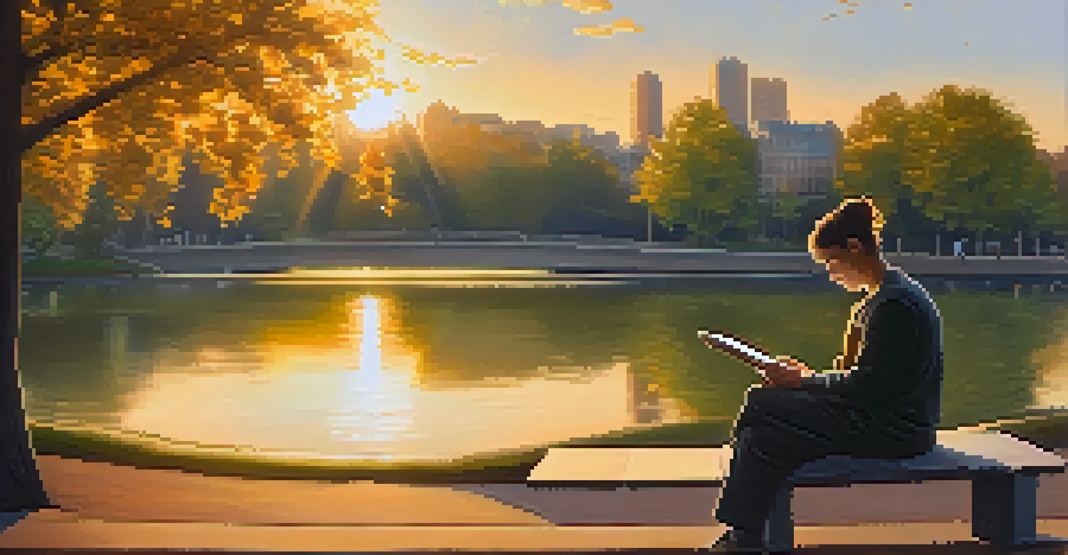 A person is sitting on a park bench, looking at investment graphs on a tablet with a sunset in the background, surrounded by lush trees.
