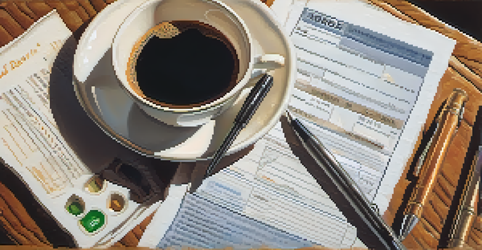 A close-up of a hand writing on a tax form with a calculator and coffee cup in the background, on a wooden table.