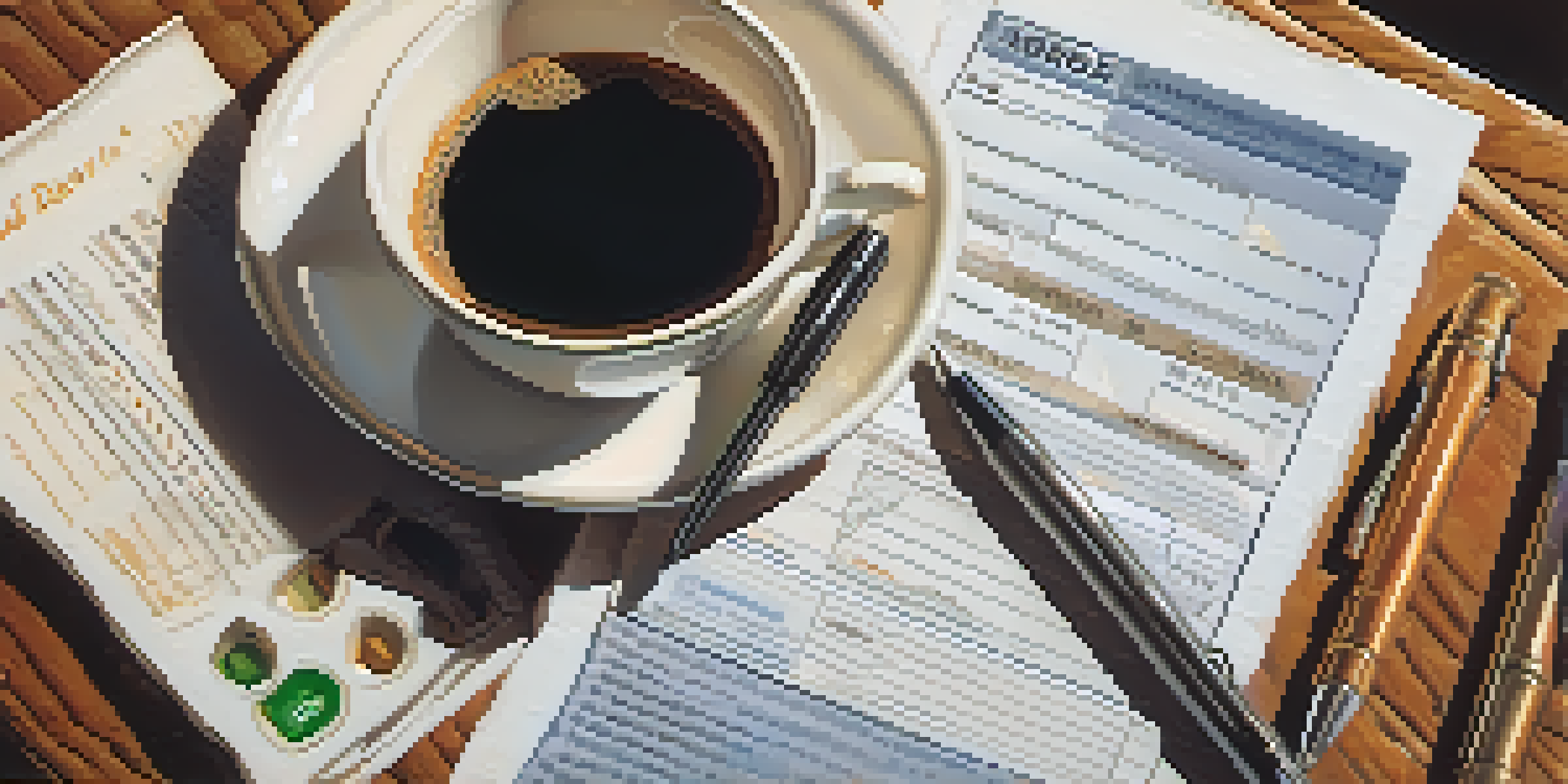 A close-up of a hand writing on a tax form with a calculator and coffee cup in the background, on a wooden table.