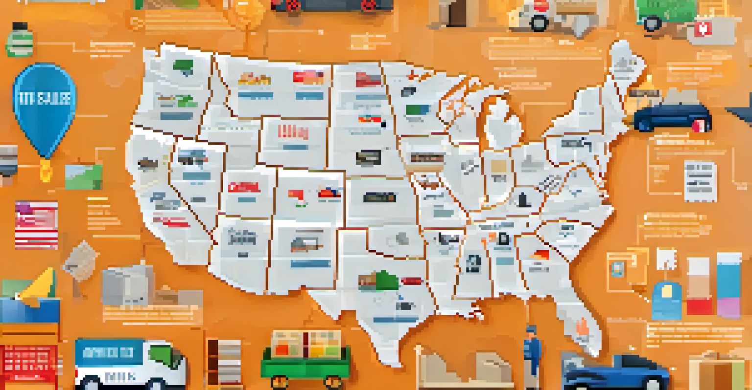 An infographic showing a map of the United States with different states highlighted to represent varying sales tax rates, accompanied by shopping cart and dollar sign icons.
