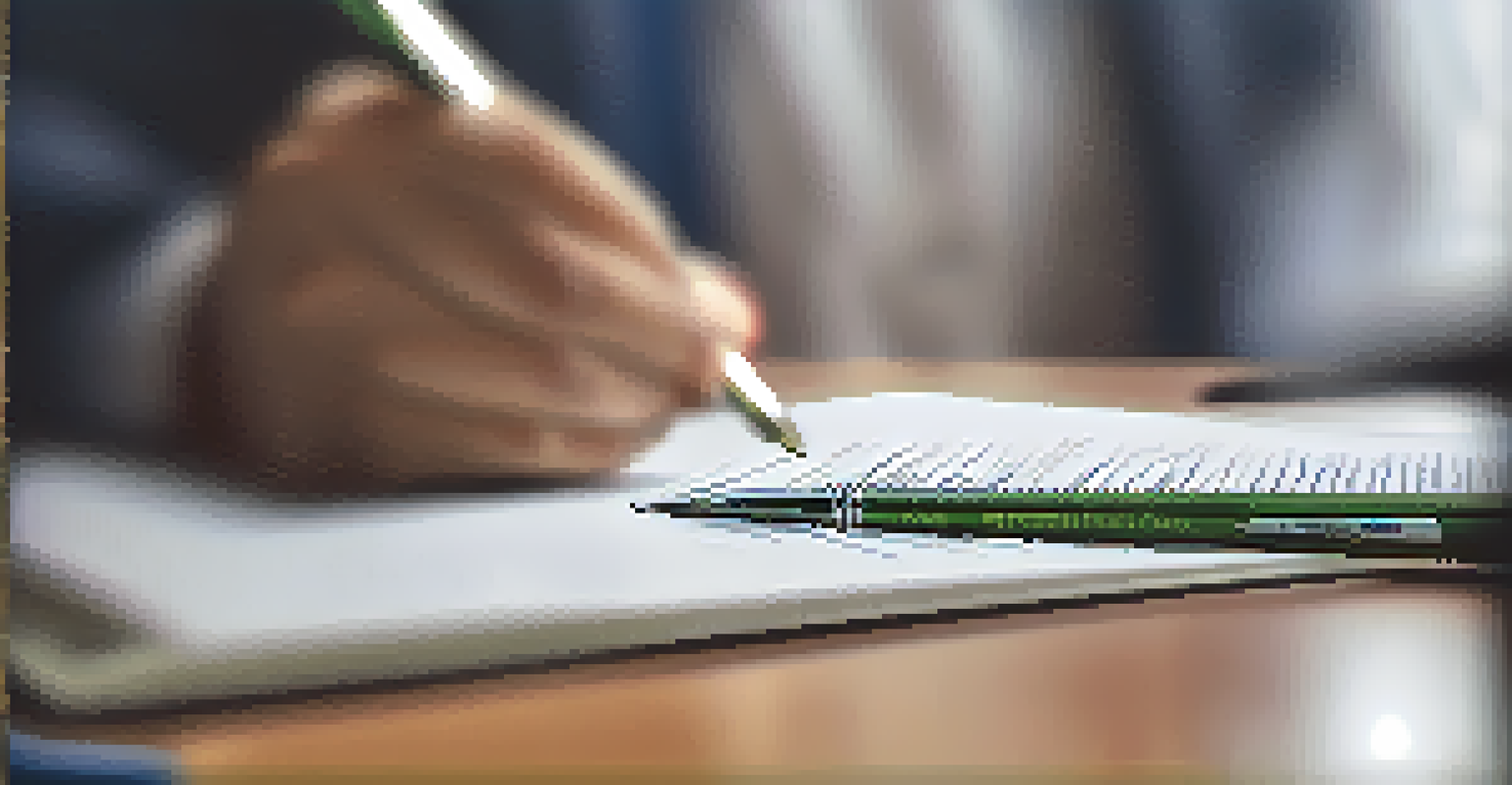 A close-up of a person's hand writing questions in a notepad with a blurred IRS office in the background, emphasizing focus on preparation.