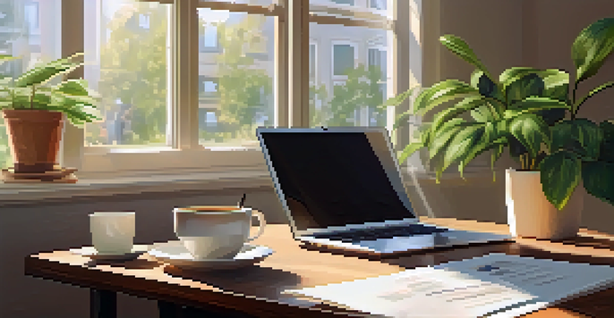 A cozy office workspace with a laptop displaying tax documents, a coffee cup, and a plant, illuminated by warm morning light.