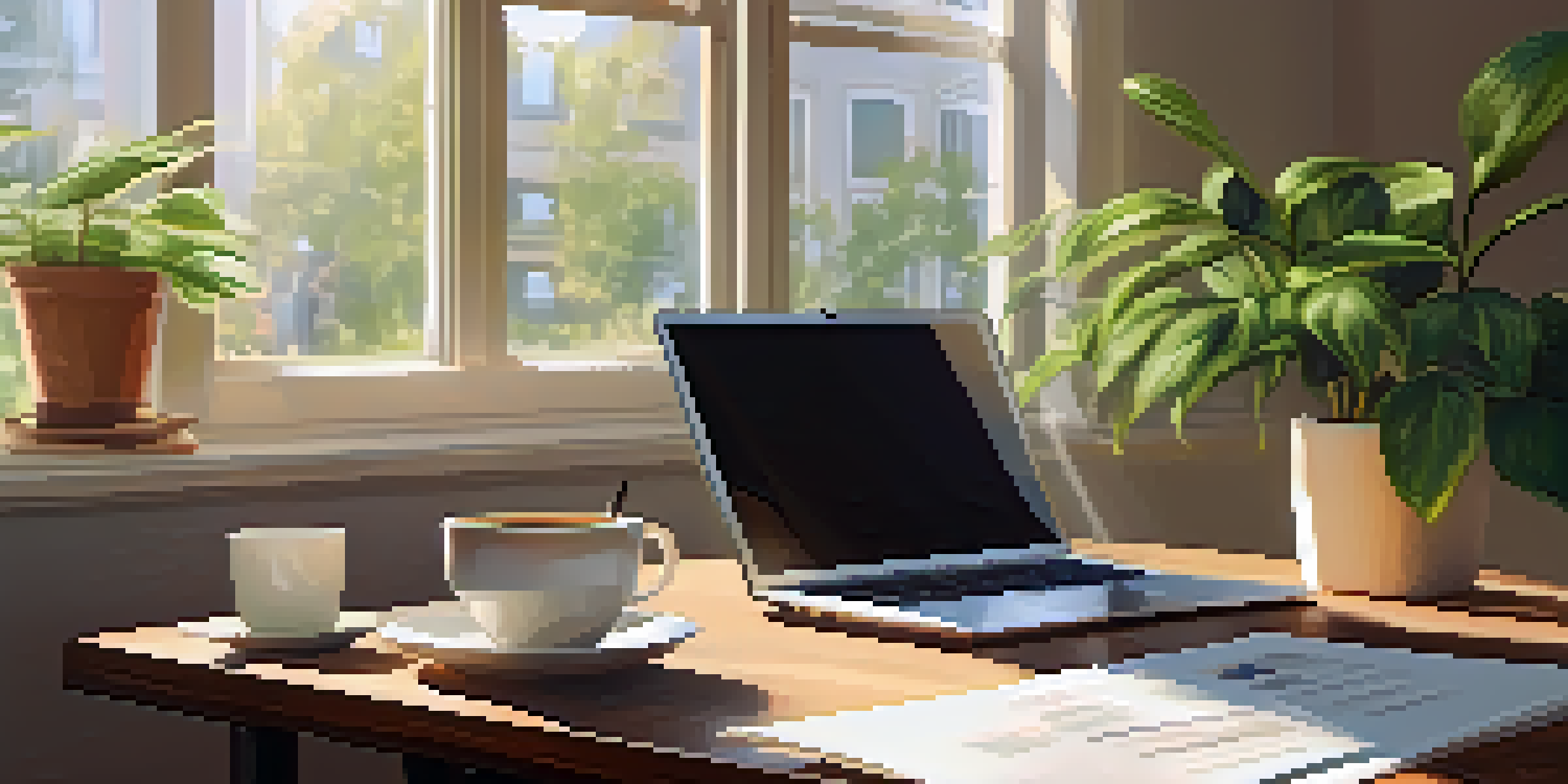 A cozy office workspace with a laptop displaying tax documents, a coffee cup, and a plant, illuminated by warm morning light.