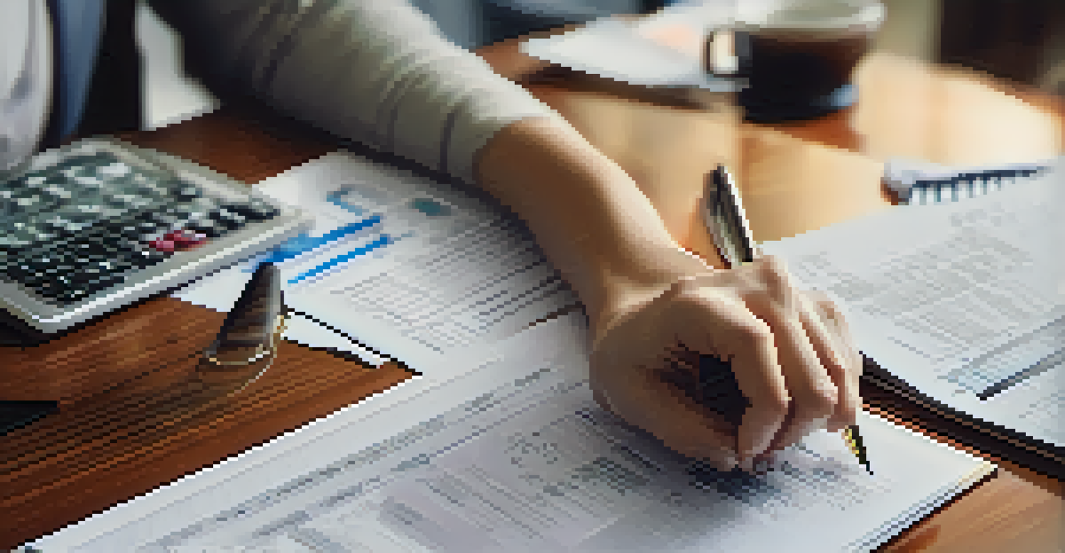 Close-up of hands on a laptop with tax documents, a calculator, and coffee cup on a table.
