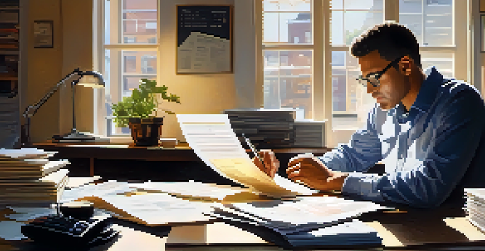 A small business owner focused on reviewing tax documents at a desk, surrounded by paperwork and a laptop, with sunlight illuminating the scene.