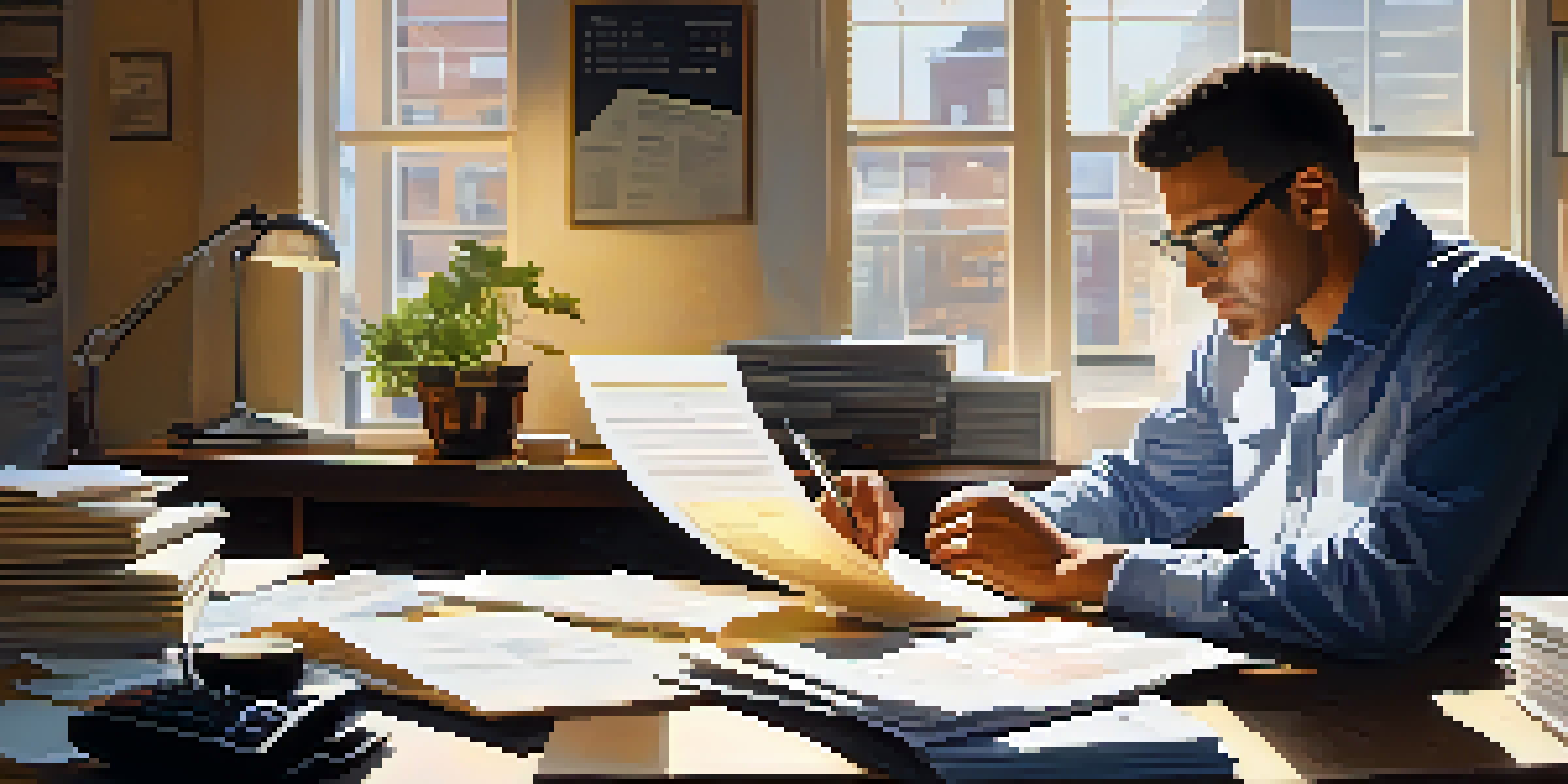 A small business owner focused on reviewing tax documents at a desk, surrounded by paperwork and a laptop, with sunlight illuminating the scene.