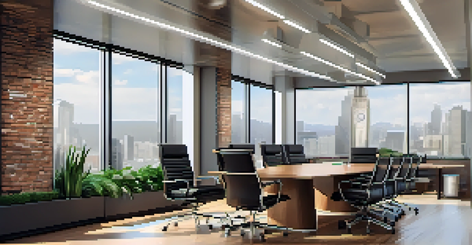 A modern corporate office with a wooden conference table, leather chairs, financial documents, and a city view through large windows.