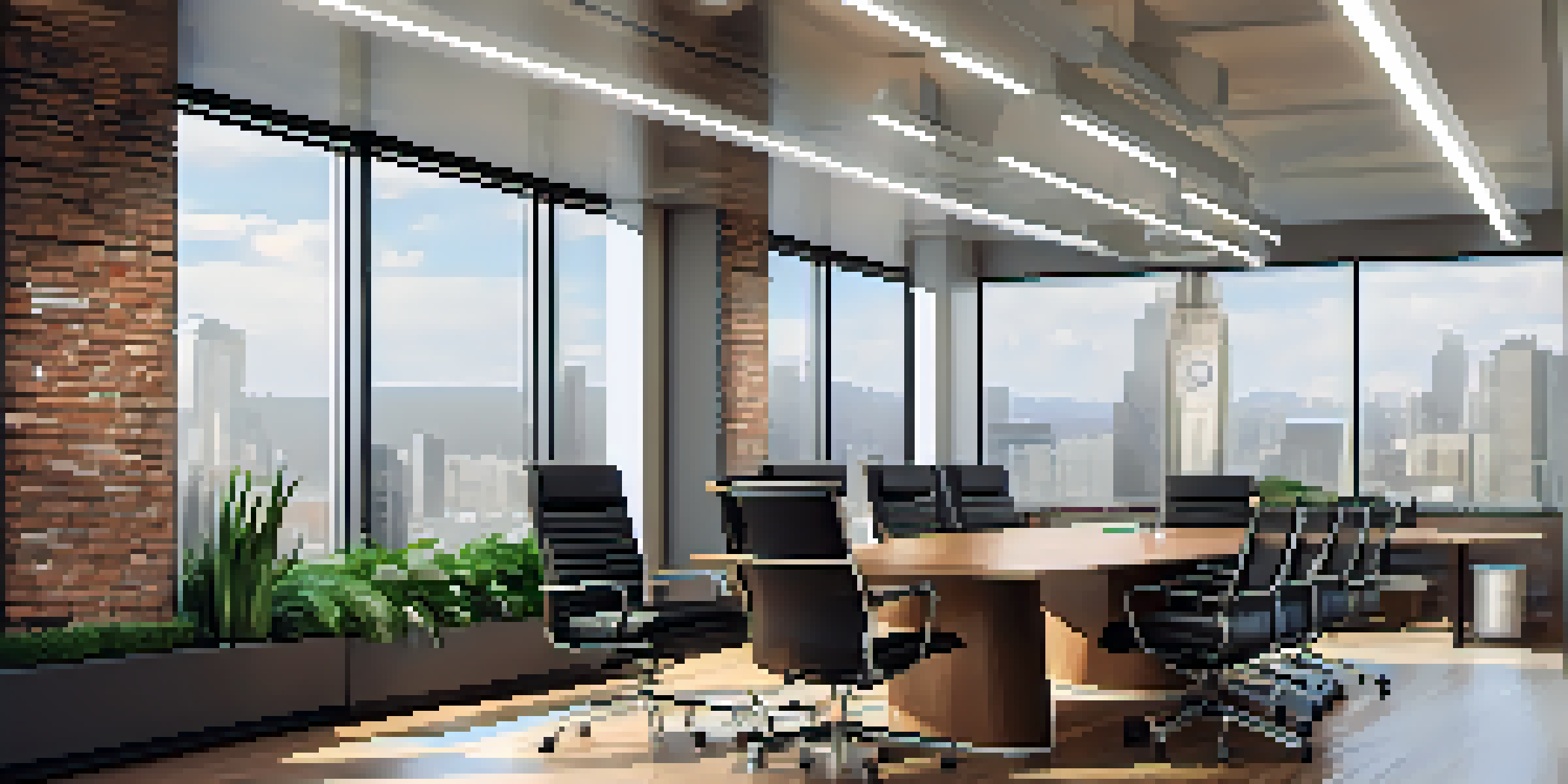 A modern corporate office with a wooden conference table, leather chairs, financial documents, and a city view through large windows.