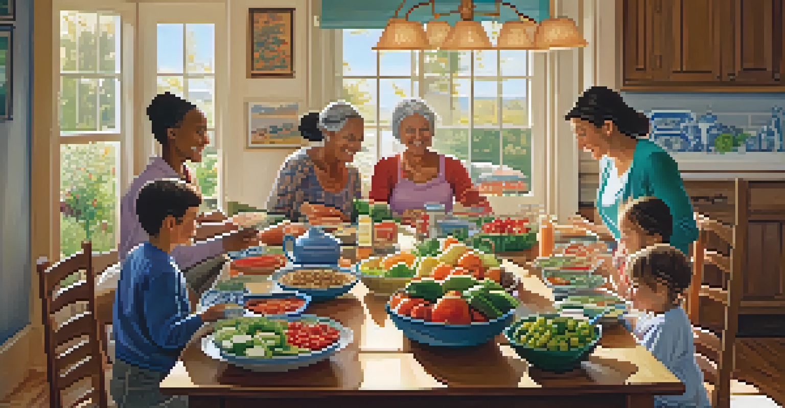 A family gathered in a cozy kitchen around a wooden dining table filled with homemade dishes, illuminated by sunlight streaming through large windows.