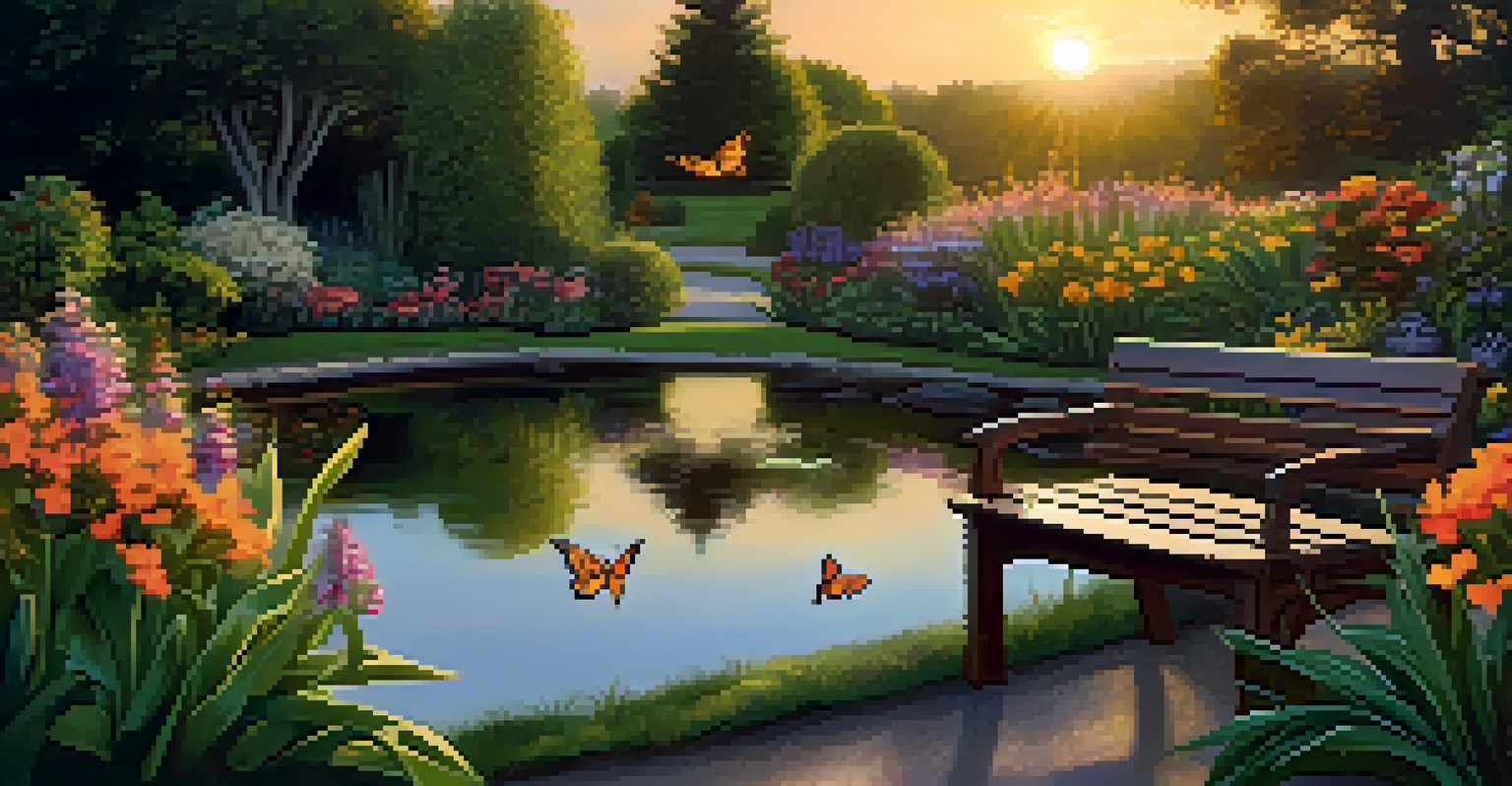 A beautiful garden at sunset with blooming flowers, a bench, and a pond reflecting the golden light.