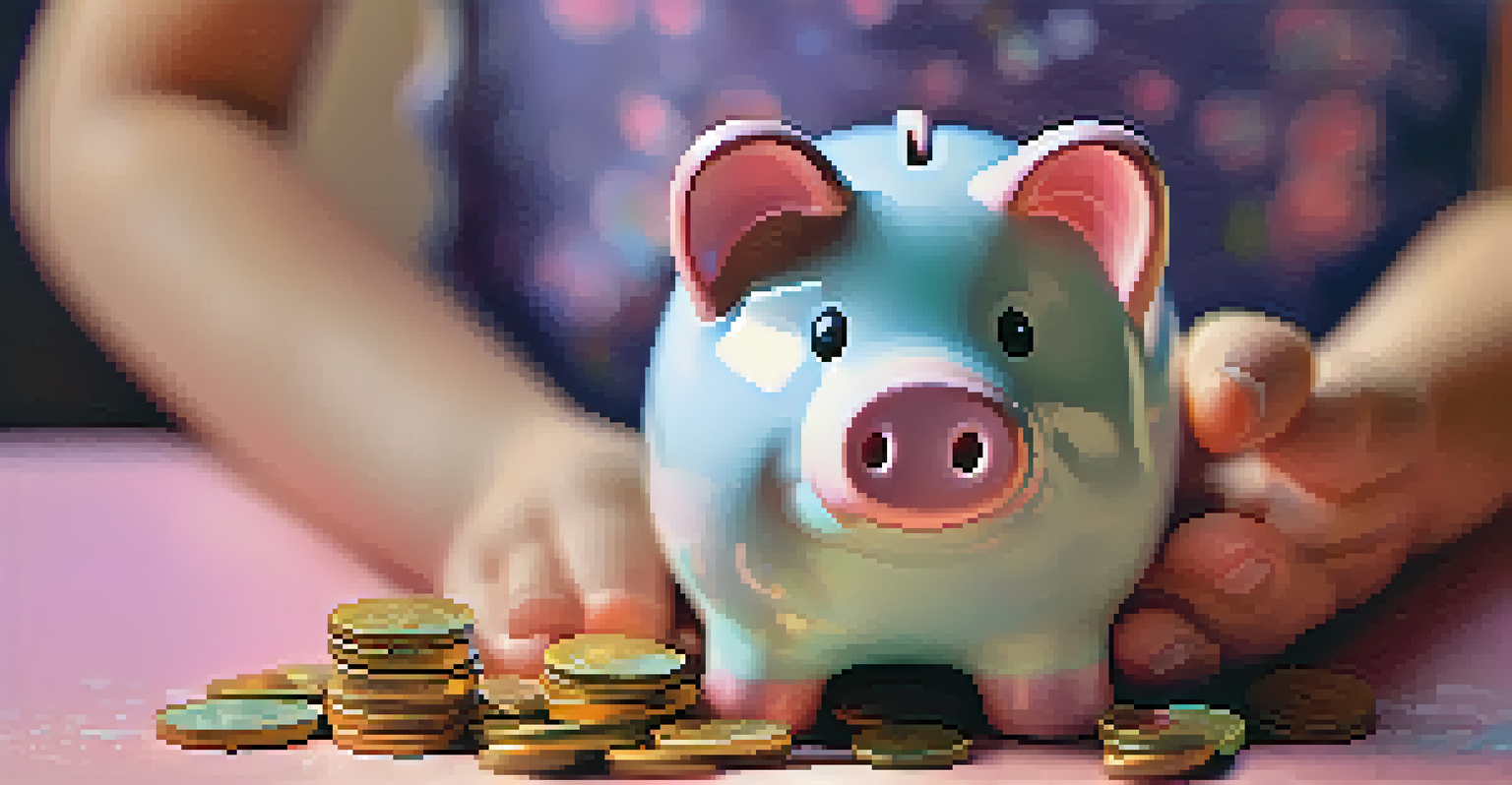 A child's hands holding a colorful piggy bank with coins scattered around, symbolizing saving for the future.