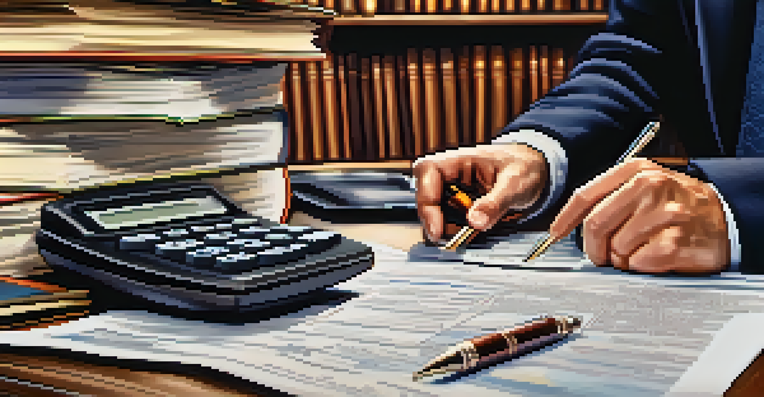 Close-up of hands using a calculator on financial documents and tax forms, with a blurred bookshelf in the background.