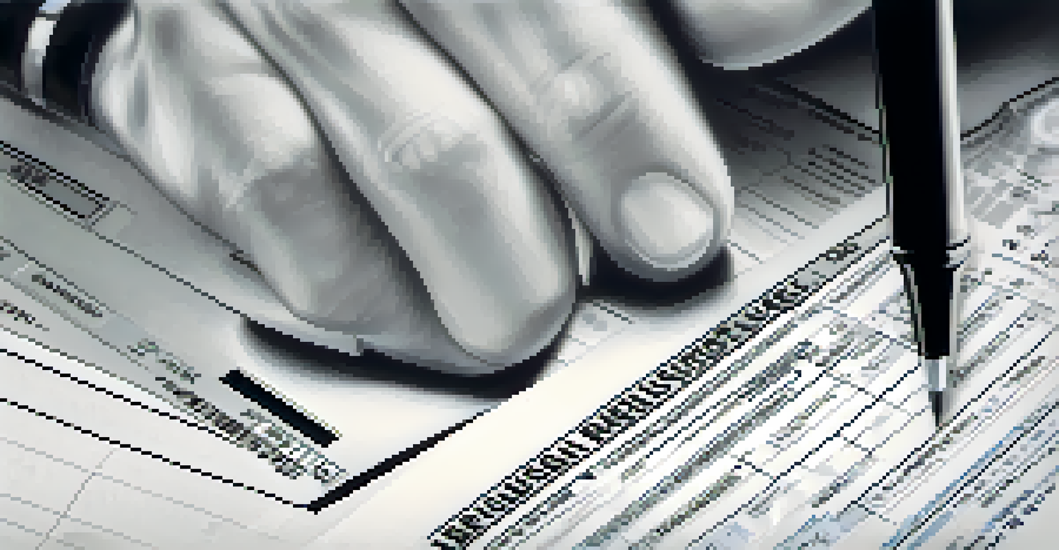 A hand holding a pen above a tax form, with a blurred background of a calculator and receipts.