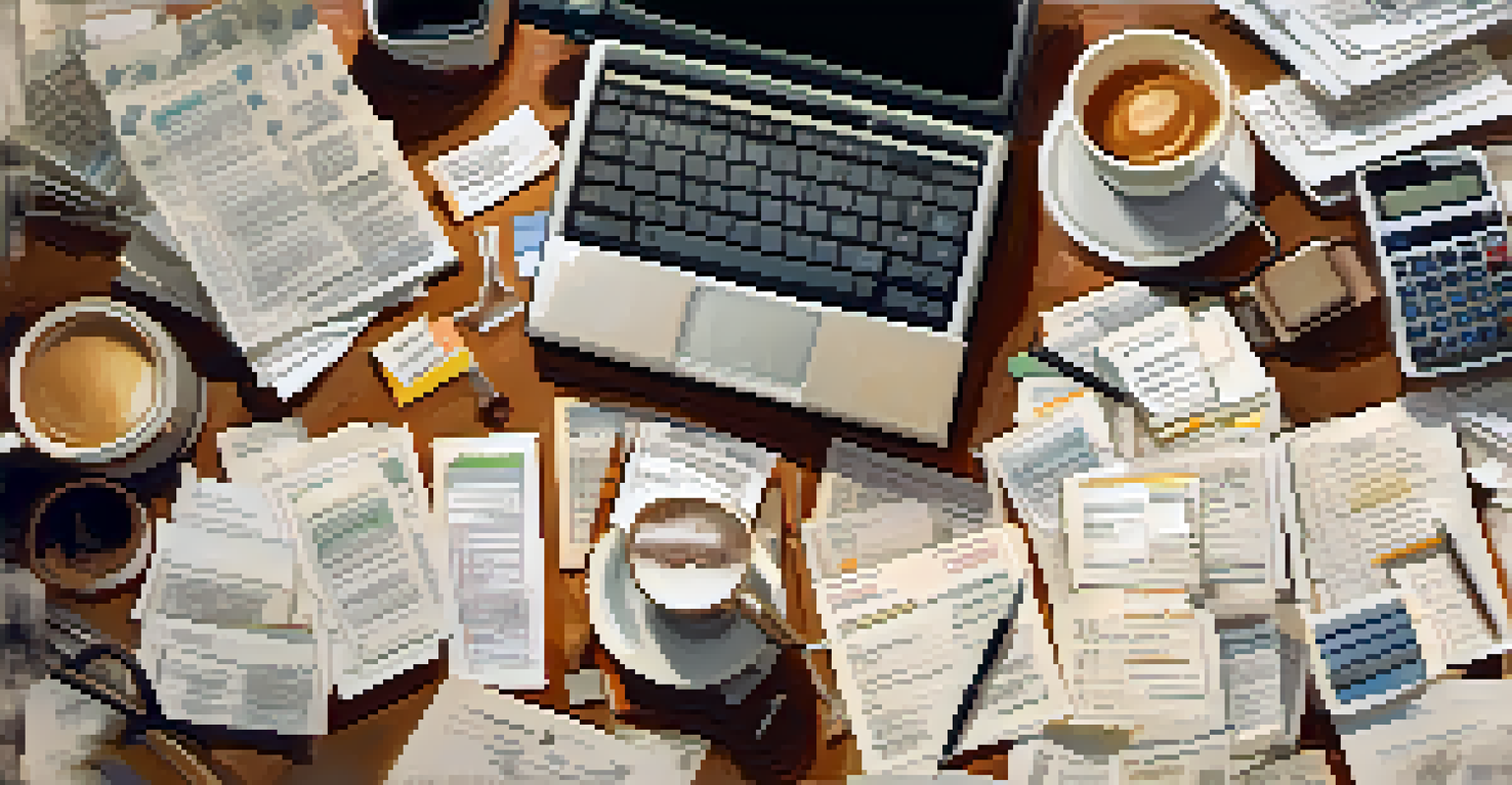 An overhead view of a desk cluttered with tax documents, receipts, a calculator, and a cup of coffee, showcasing the busy atmosphere of tax preparation.