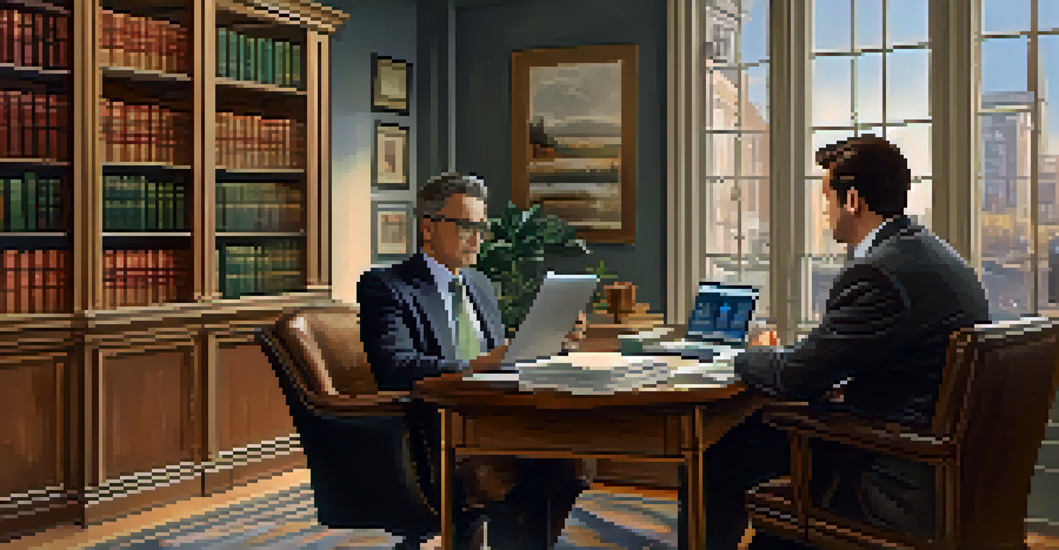 A financial advisor and a client discussing stock options in a cozy office, with papers and a laptop on the table.