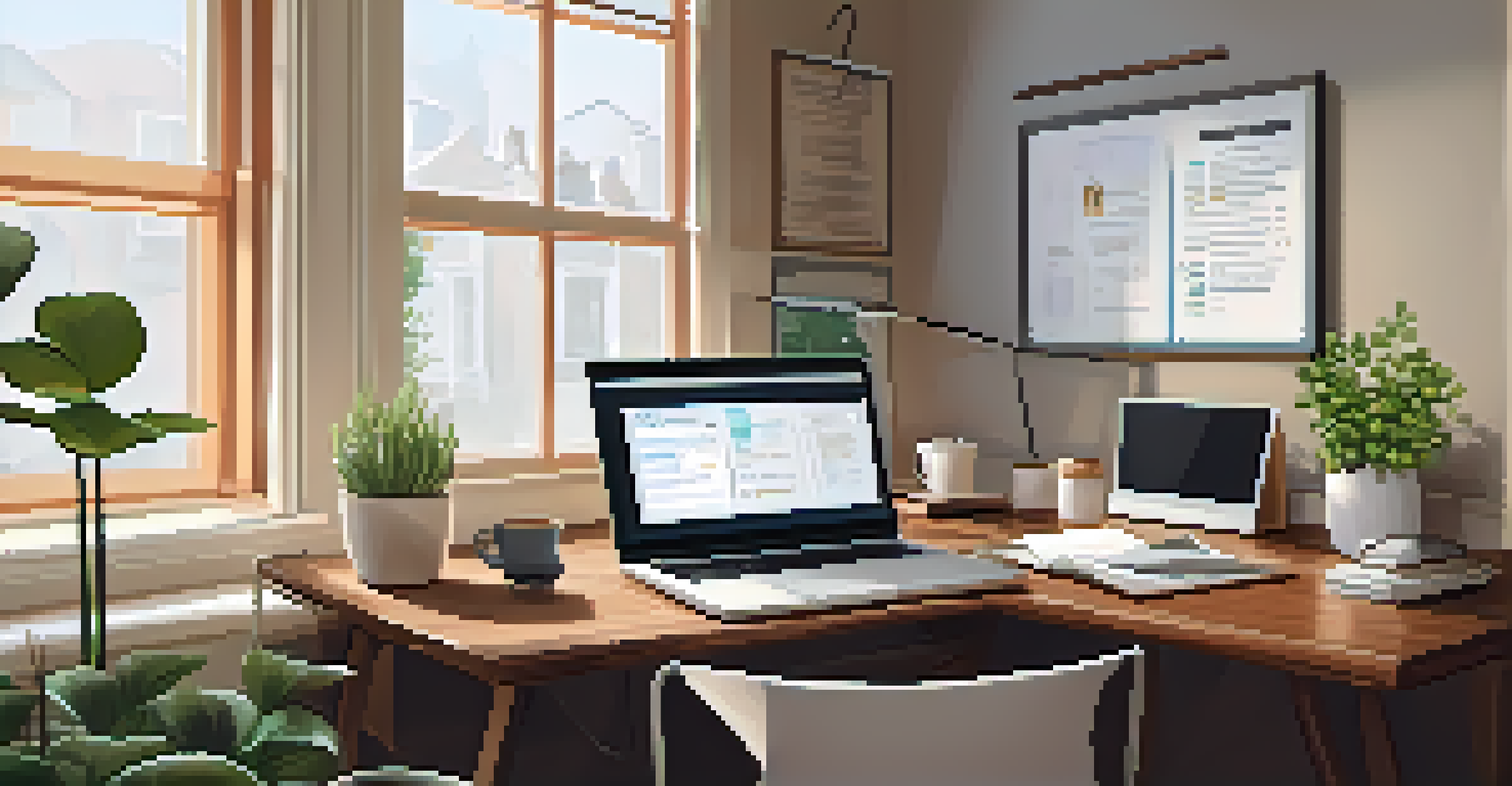 A cozy home office with a wooden desk, laptop, coffee cup, and potted plants in natural light.