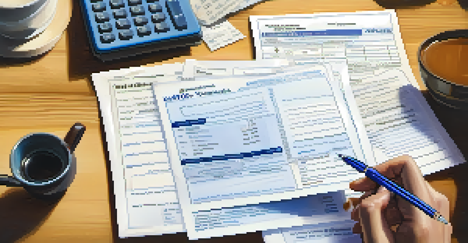 A close-up of a hand filling out IRS Form 4868 on a wooden table, with a calculator and a cup of tea nearby, in warm lighting.