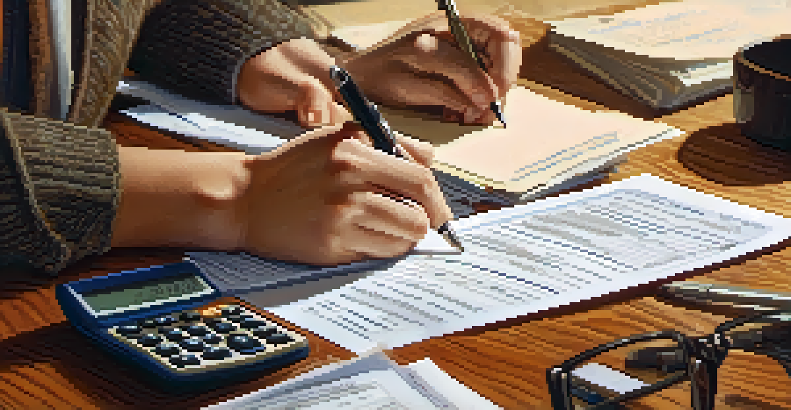 A hand completing tax Form 4868 on a wooden table, surrounded by tax documents and a calculator.