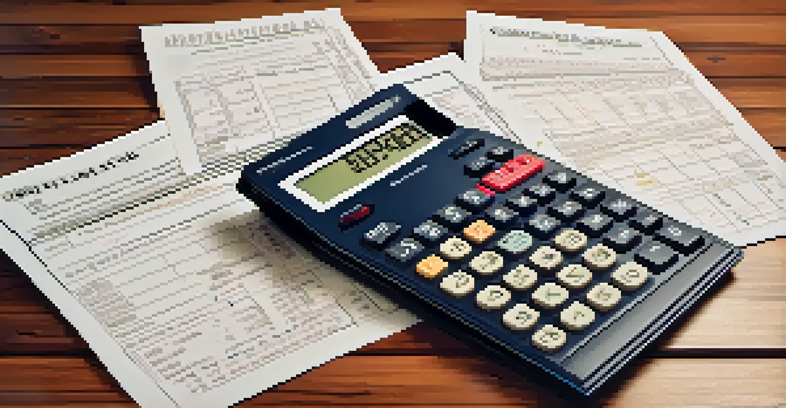 Close-up of a calculator and tax documents on a wooden table, with natural light highlighting the textures.