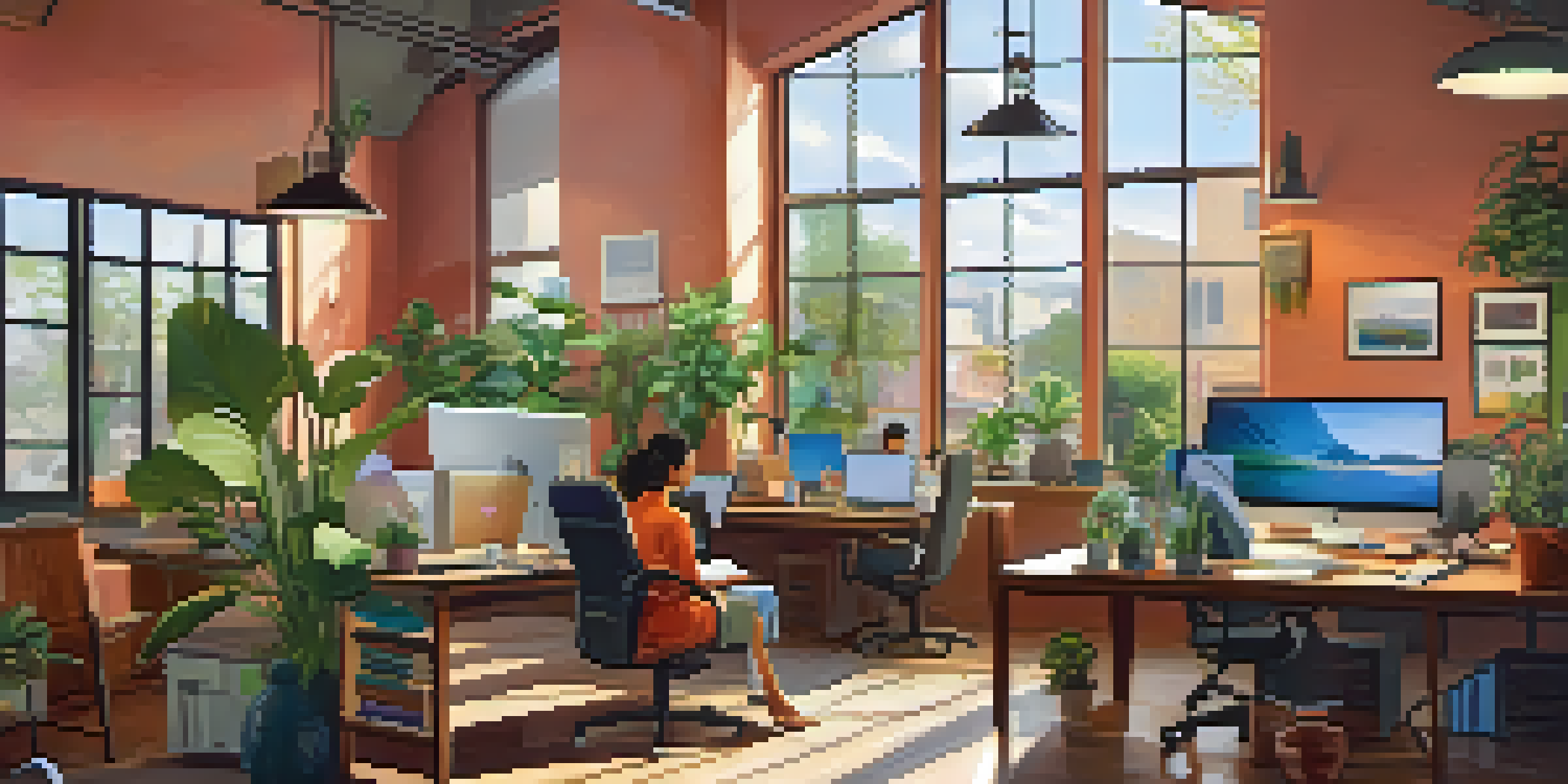 A vibrant office setting showing diverse employees working remotely in unique home office environments, with bright colors and natural light.