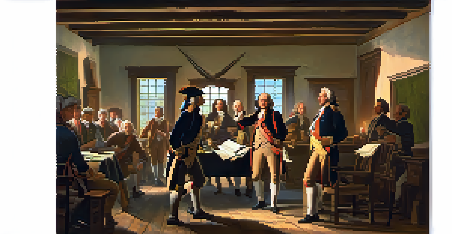 Revolutionaries during the American Revolution discussing tax reform in a candlelit room filled with historical artifacts.