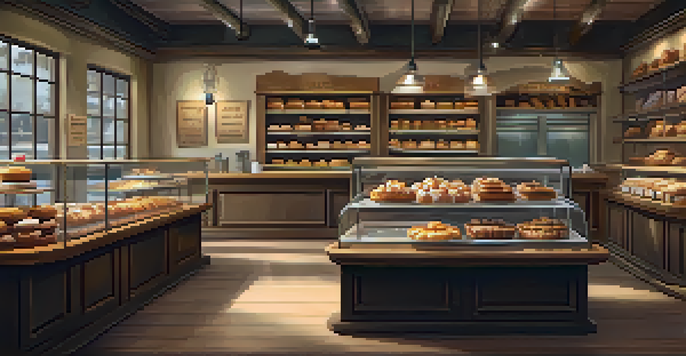 A cozy bakery with a wooden counter displaying freshly baked cakes and pastries, warm lighting, and a chalkboard menu in the background.