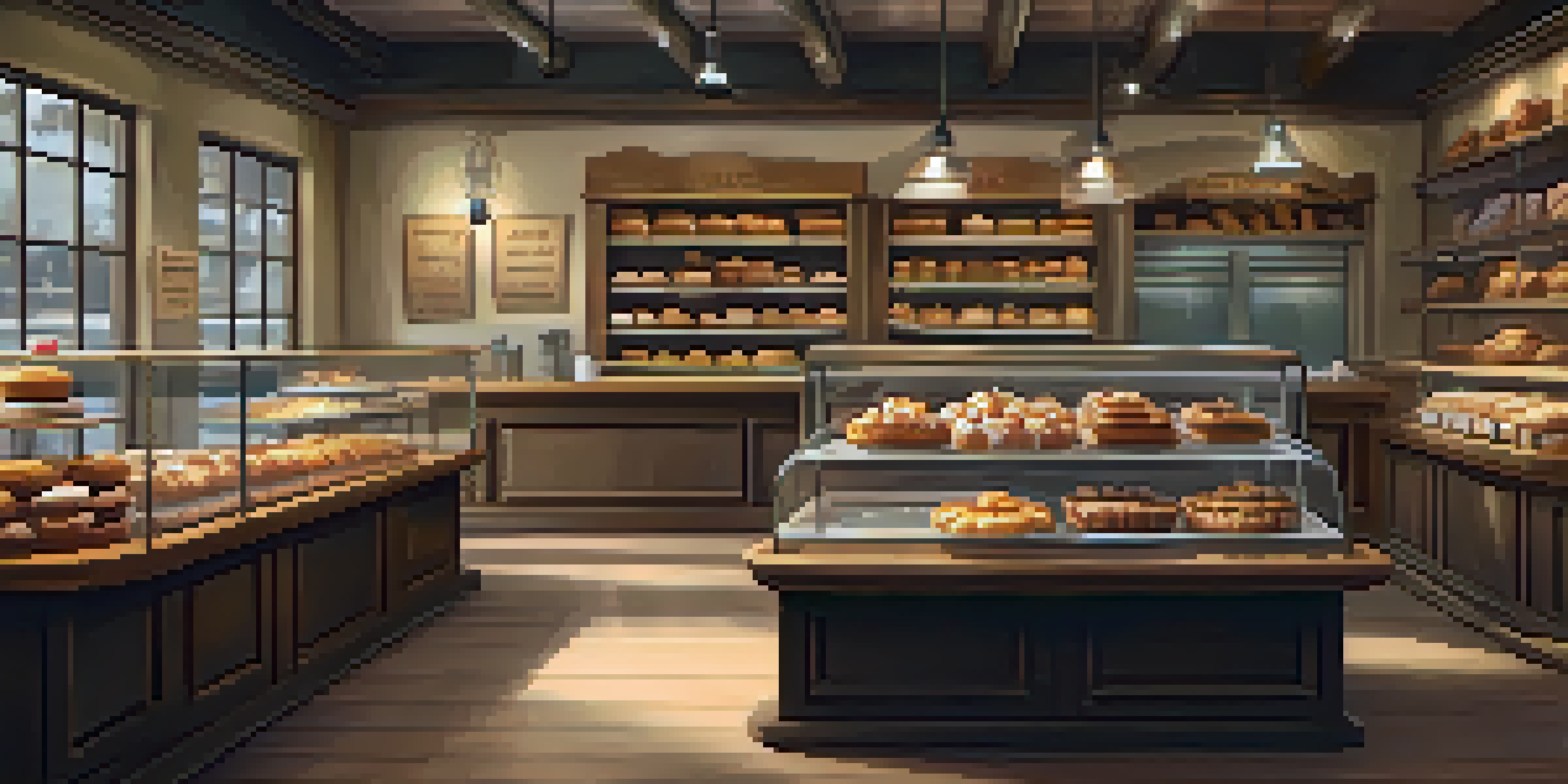 A cozy bakery with a wooden counter displaying freshly baked cakes and pastries, warm lighting, and a chalkboard menu in the background.
