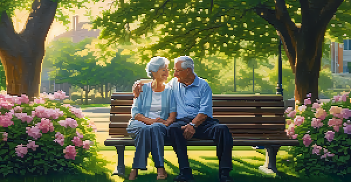 A retired couple enjoying a peaceful moment on a park bench amidst flowers and trees at sunset.