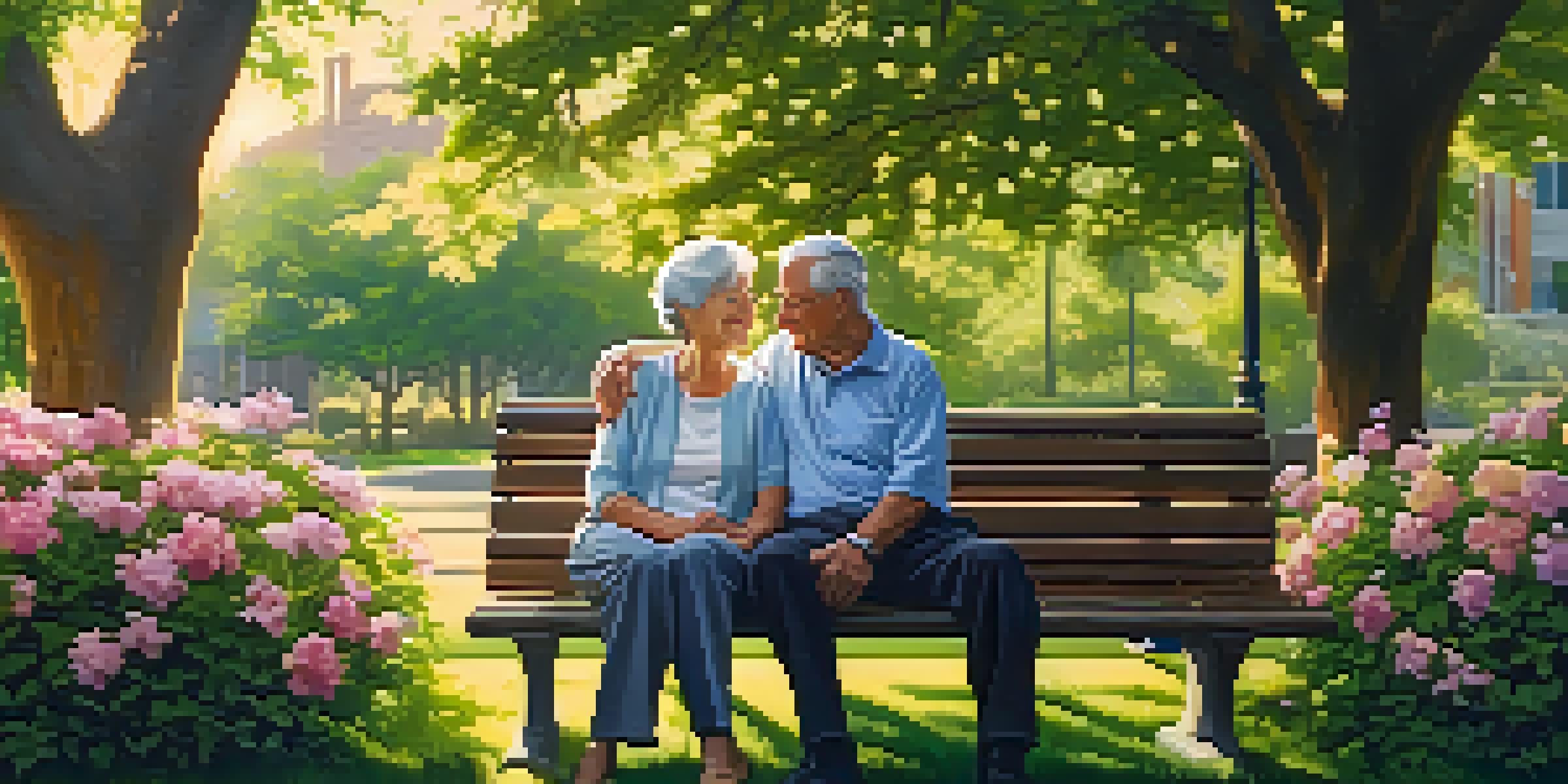 A retired couple enjoying a peaceful moment on a park bench amidst flowers and trees at sunset.