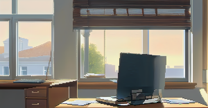 A cozy office with a wooden desk and laptop, illuminated by natural light, showing tax documents on the screen.