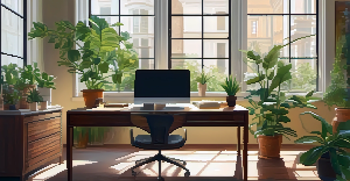 A peaceful office space featuring a wooden desk with a laptop, potted plants, and bright morning light coming through the window.
