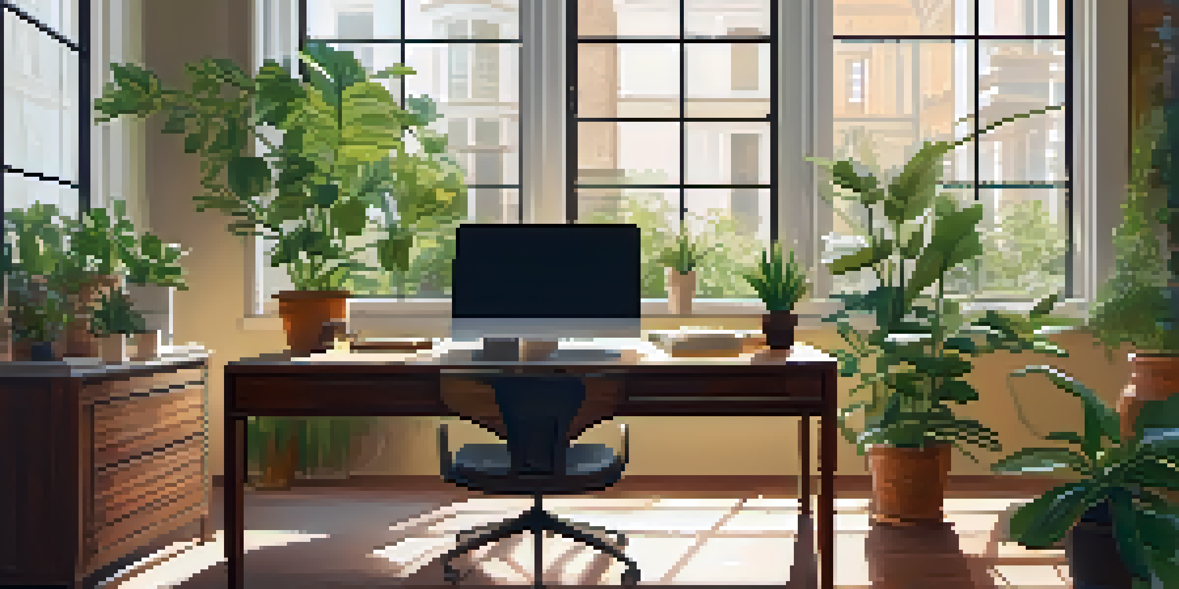 A peaceful office space featuring a wooden desk with a laptop, potted plants, and bright morning light coming through the window.