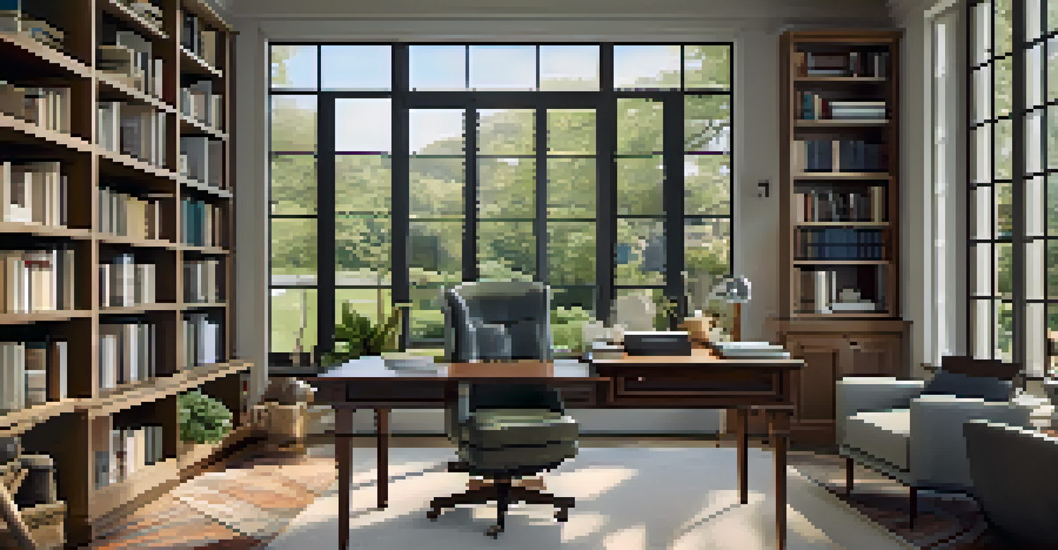 An overhead view of a spacious home office with a desk and garden view, emphasizing a peaceful workspace.
