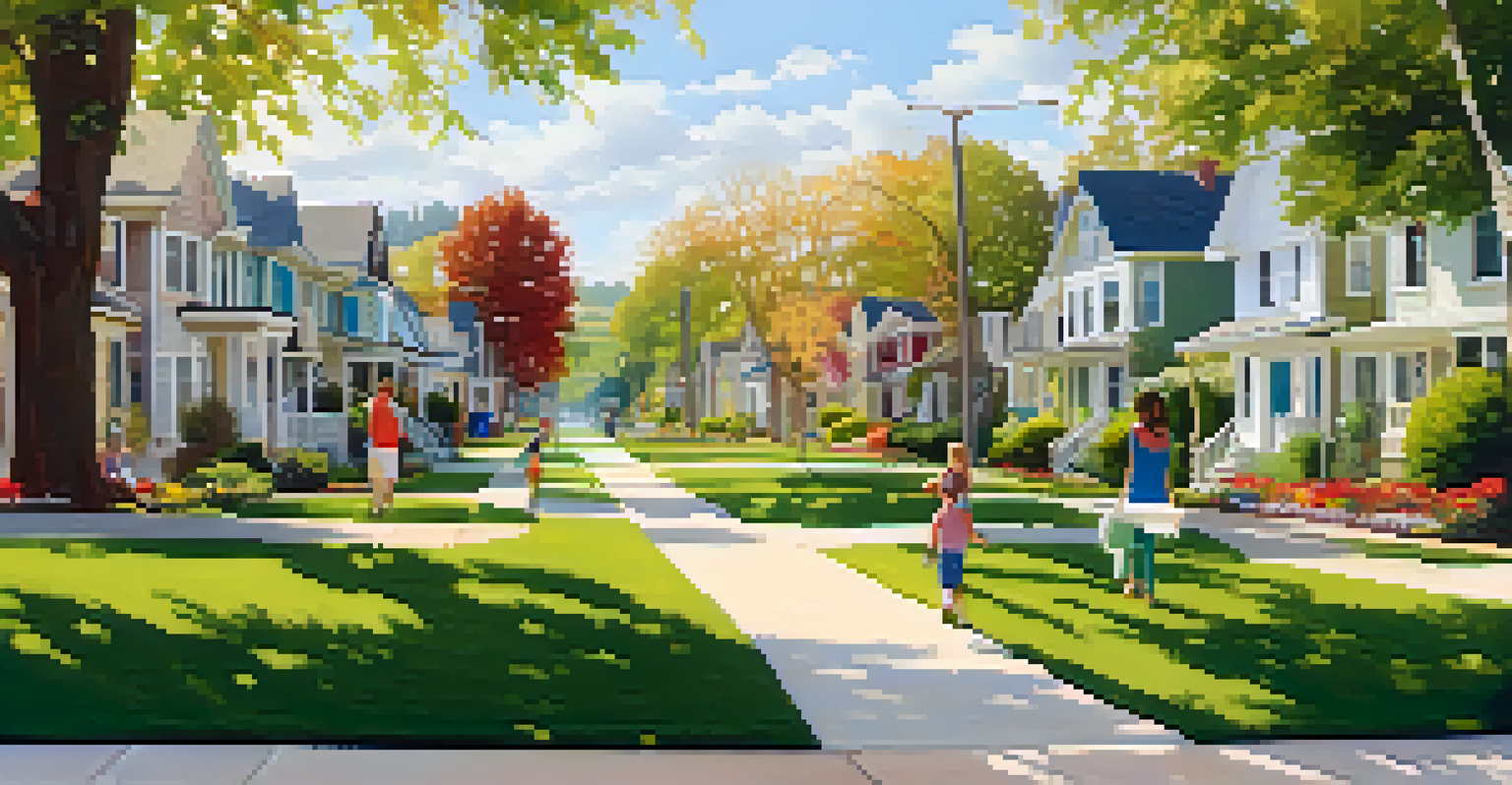 A peaceful neighborhood with various rental properties, green lawns, and families enjoying the outdoors in warm afternoon light.