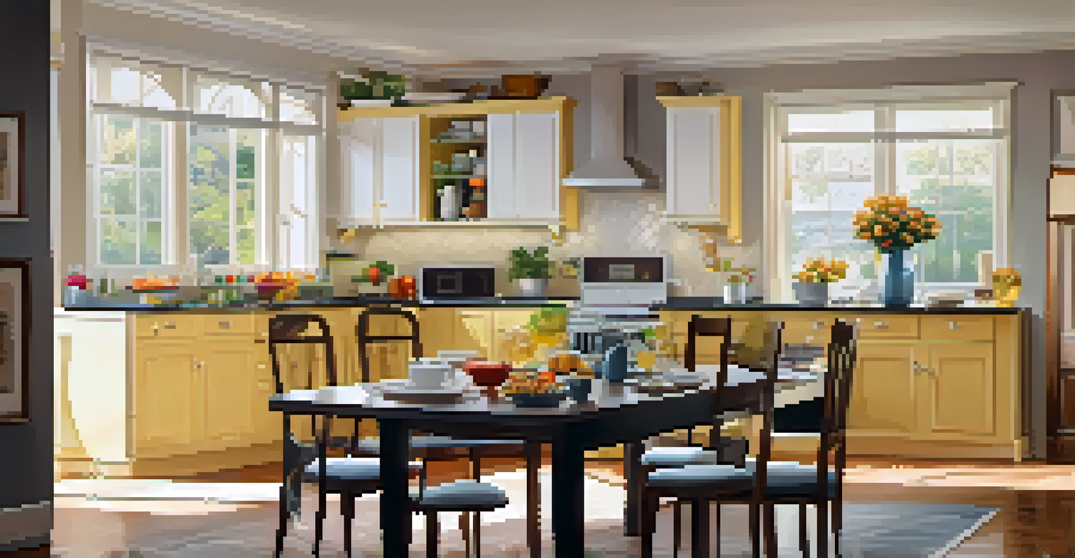 An inviting kitchen with a dining table set for a meal, surrounded by rental expense receipts and a calculator, illuminated by sunlight.