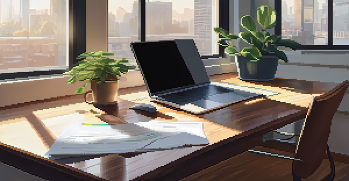 A modern office desk with a laptop, a potted plant, and a coffee mug, illuminated by soft morning light from a large window.